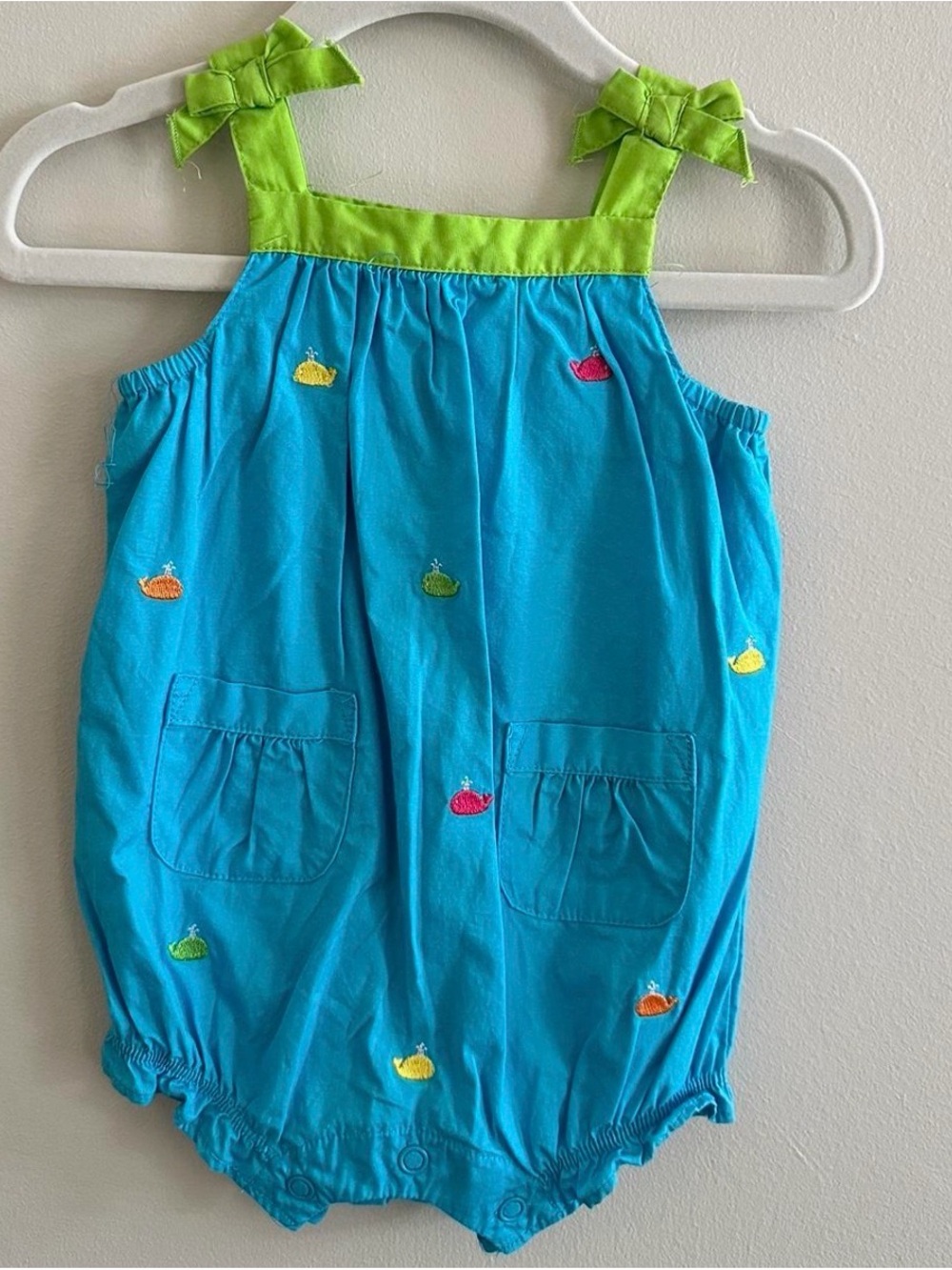 Carter’s Bright Turquoise Baby Romper with Lime Green Straps
